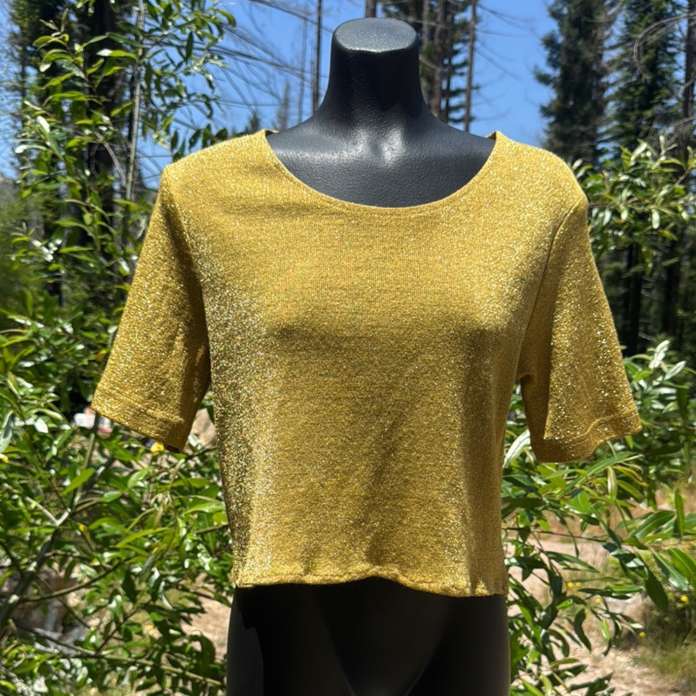 Sparkly Gold Threaded Summer Up Cycled Crop Top Short sleeve CA, USA designer M